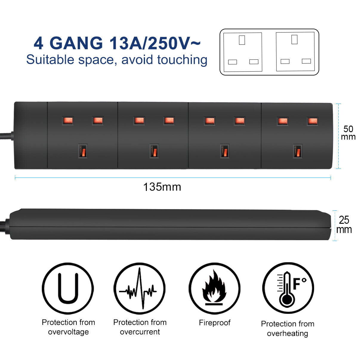 Extension Lead Cable Electric Plug Socket UK Mains Power 2 4 6 8 Gang Way Black