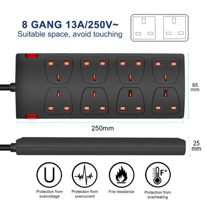 Extension Lead Cable Electric Plug Socket UK Mains Power 2 4 6 8 Gang Way Black